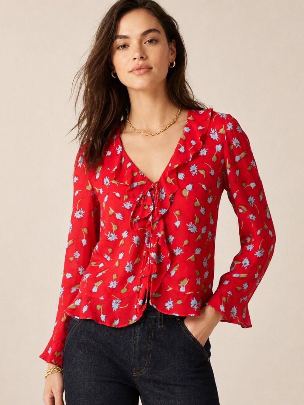 J.Crew Red Floral Ruffle Tie Front Button Up Blouse Romantic Feminine NWT